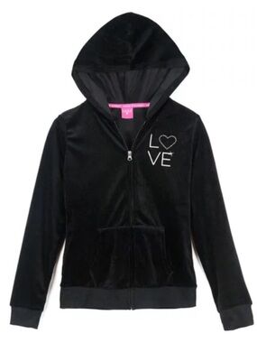 Hard Candy Black Velour Full Zip Love Hoodie Sweatshirt Size Small